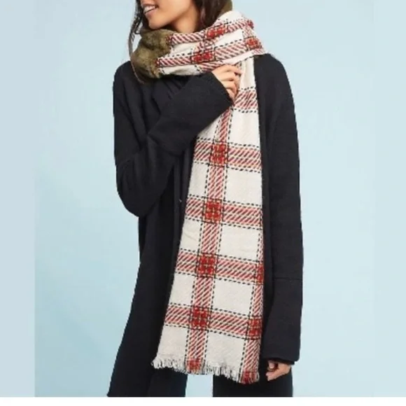 ANTHROPOLOGIE Olive Faux Fur Northbound Long Plaid Scarf - Picture 1 of 7